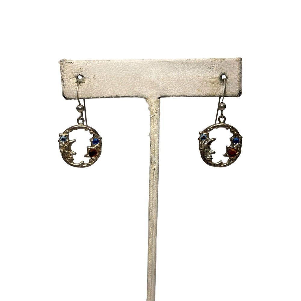 Vintage Shube's Sterling Silver Rhinestone Celestial Sky Pierced Dangle Earrings